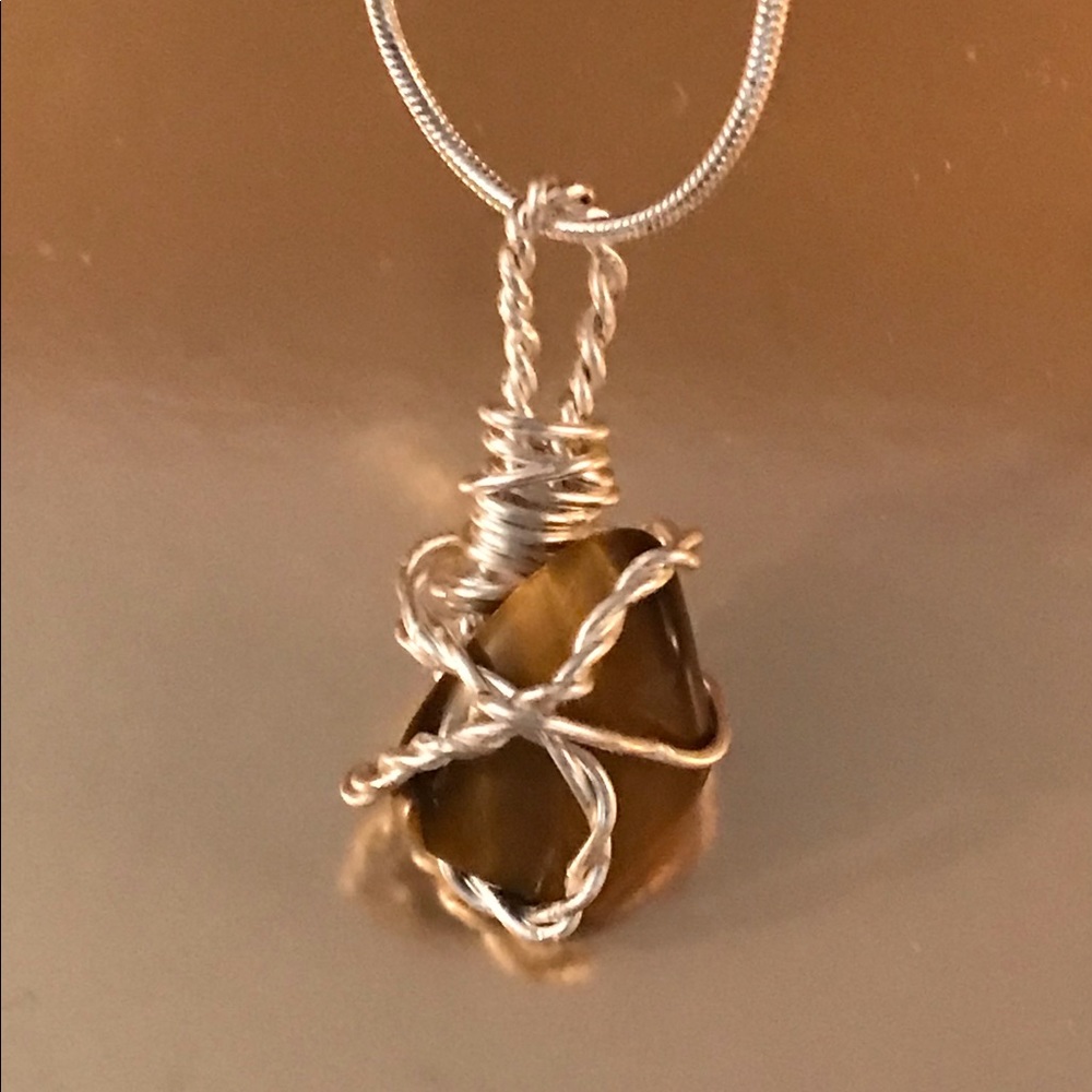 Sterling Wire Tigers Eye Stone Pendant w 925 Chain